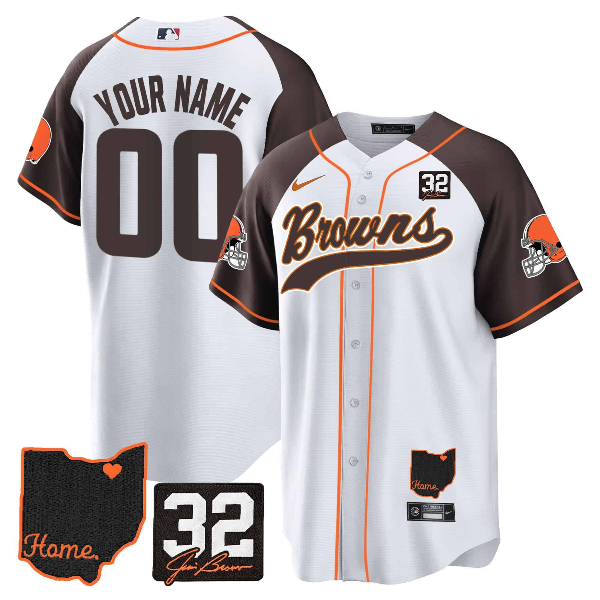 Men Cleveland Browns White #32 Jim Brown Memorial Home Patch Baseball Custom 2024 Nike NFL Jersey style 1